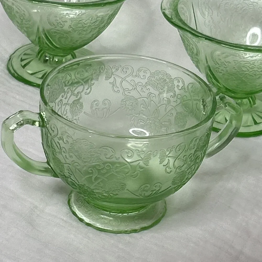 Vtg Uranium Jeanette Cherry Blossoms 4 Dessert Cups ~1 Shot Glass ~1 Sugar Bowl